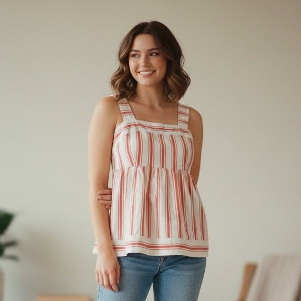 CAbi Carnival Top Red & White Striped Smocked Square Neck Peplum Tank - Size S